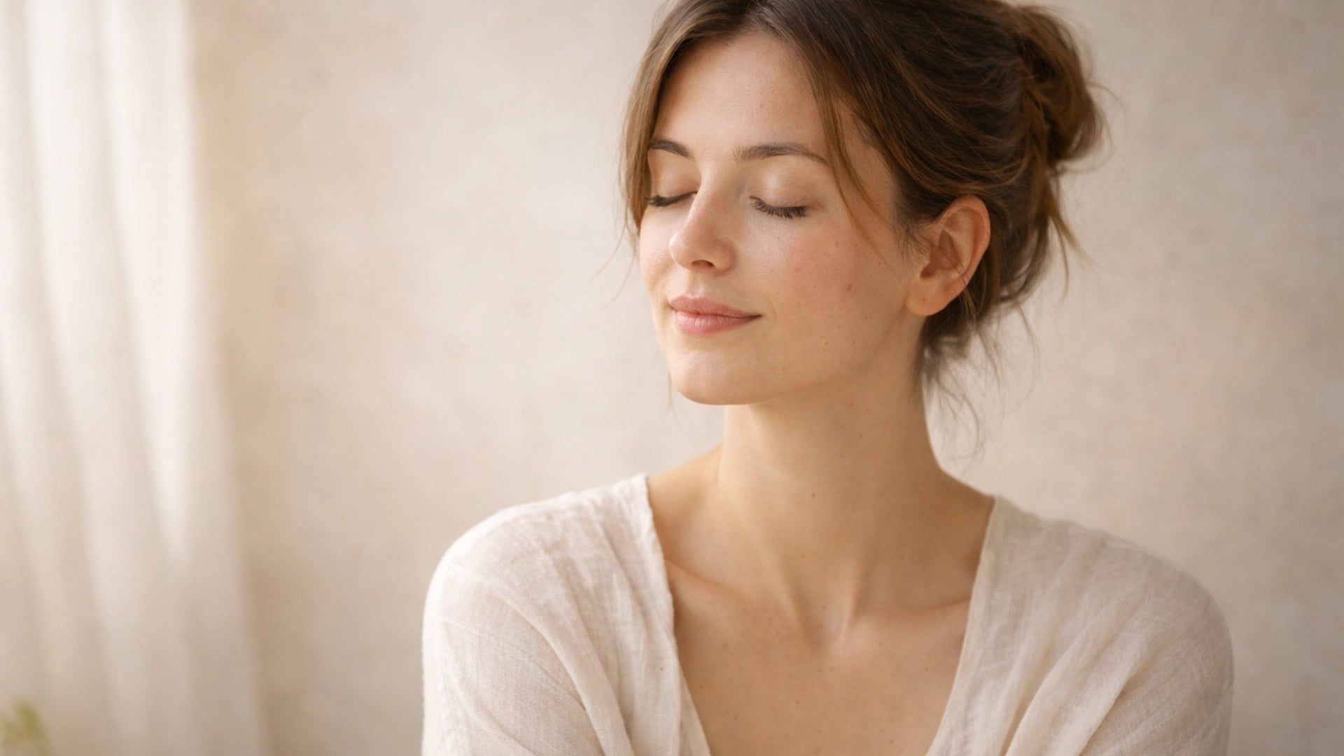 Woman with calm, clear skin representing freedom from acne-prone and sensitive skin using natural skincare